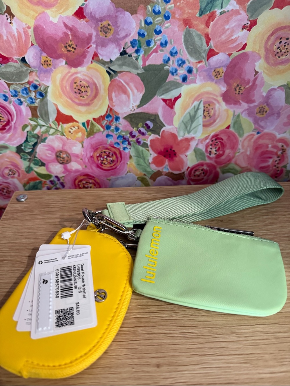 lululemon yellow and light green wristlet pouch set